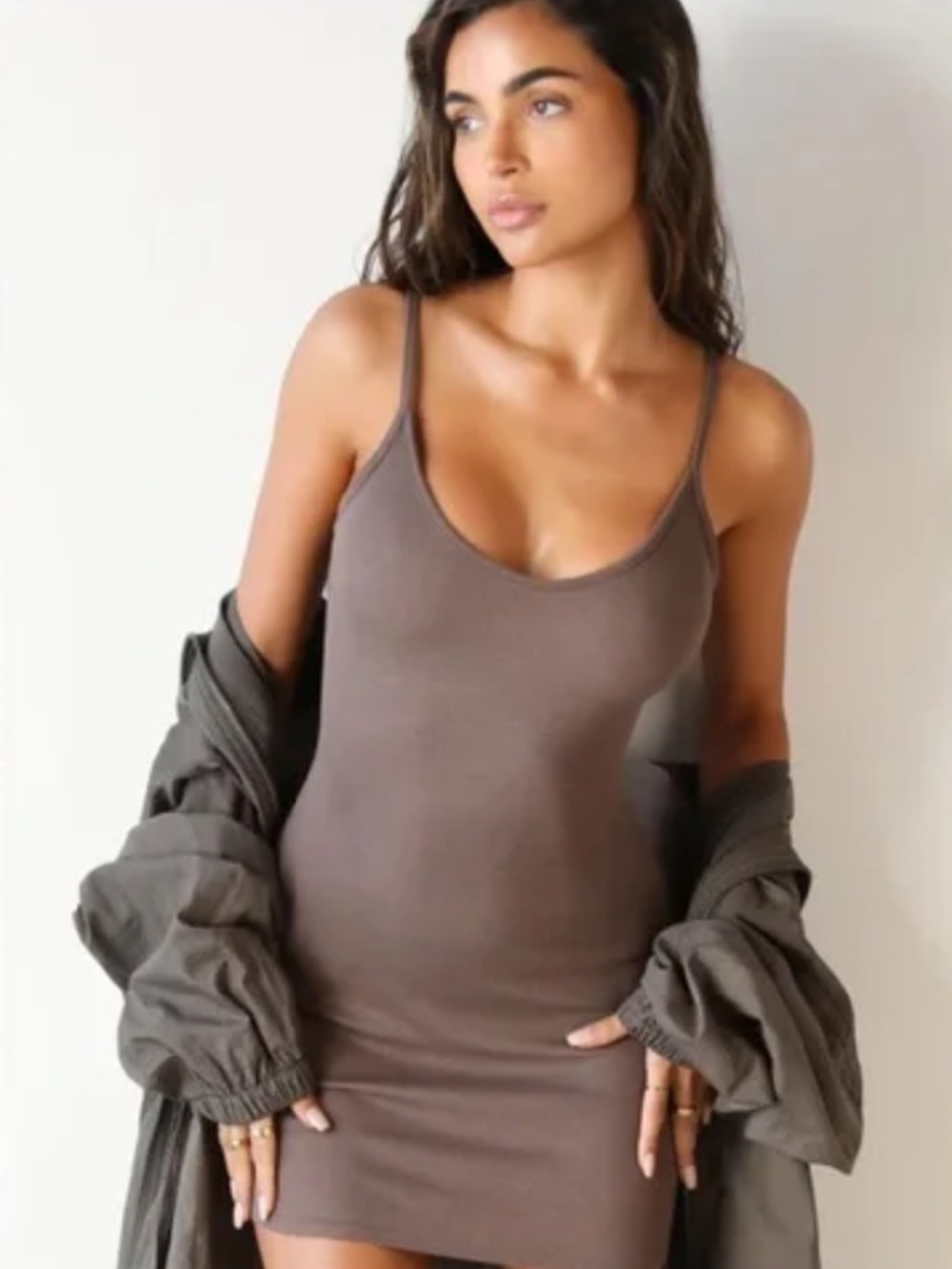 Joah Brown Ribbed Slip Dress Brown Minimalist Bodycon Aesthetic S/M